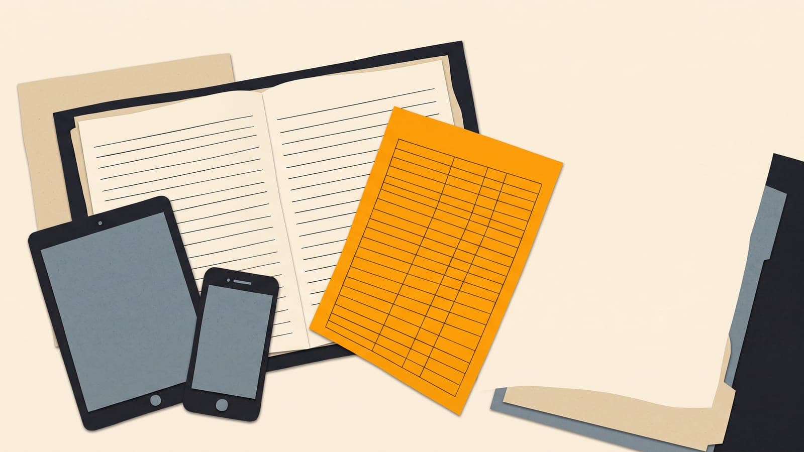 An open paper pilot logbook on a desk next to a tablet and phone, with a printed spreadsheet sliding out from between its pages.