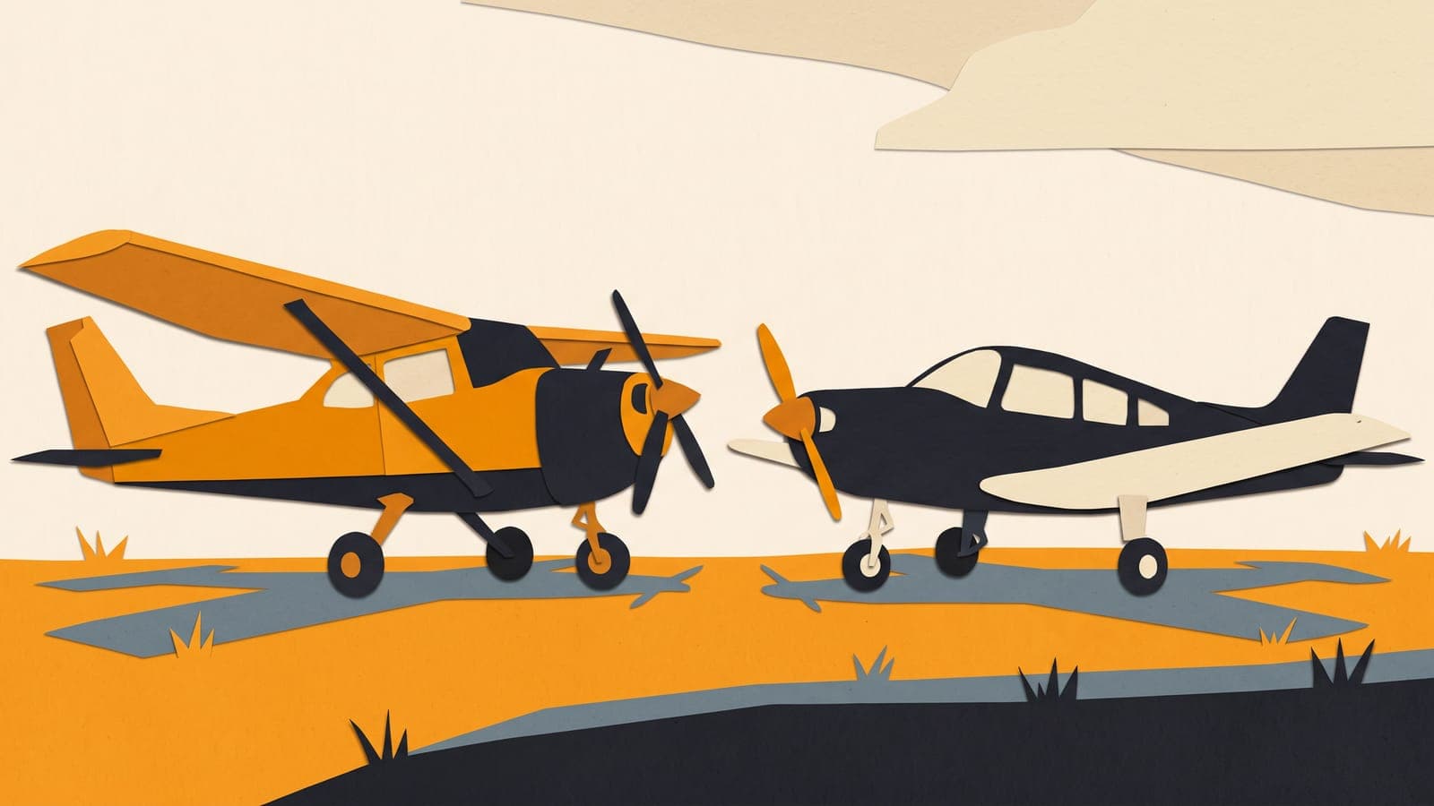 A high-wing Cessna 172 and a low-wing Piper Archer parked nose to nose on a grass airfield at sunset, showing the contrast between their wing positions.