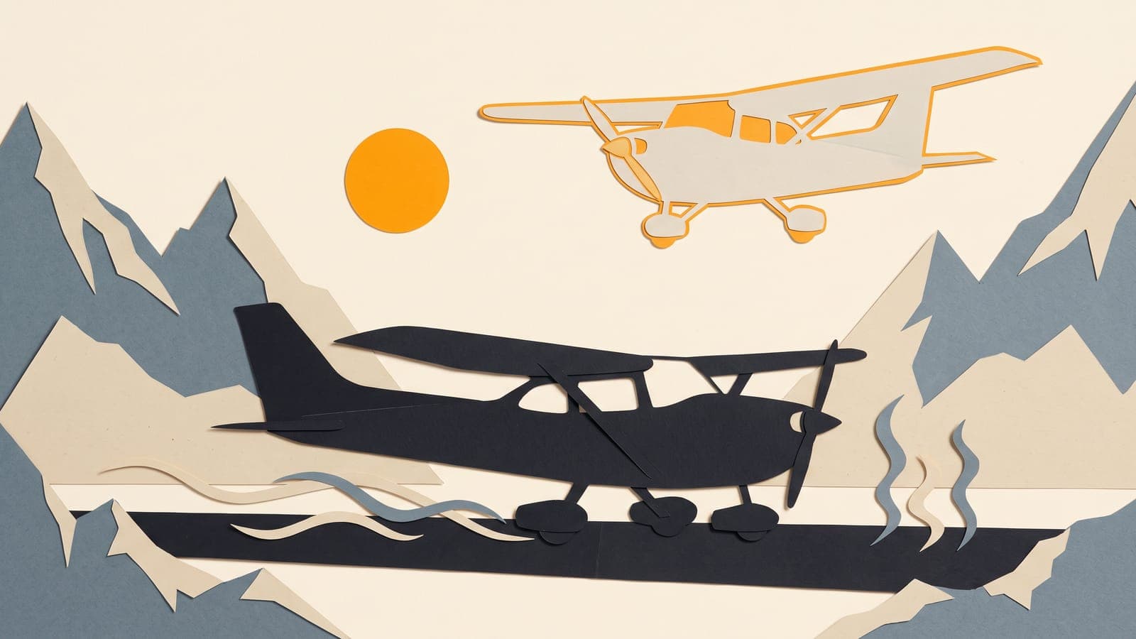 A small airplane on a high mountain runway in heat shimmer, with a faint ghost of the same airplane floating far above it against the peaks.