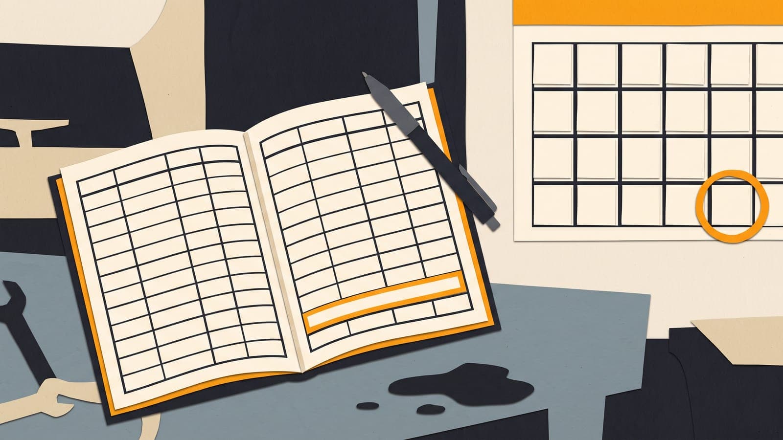 An open pilot logbook on a workbench next to a wall calendar with the last day of a month circled in red.