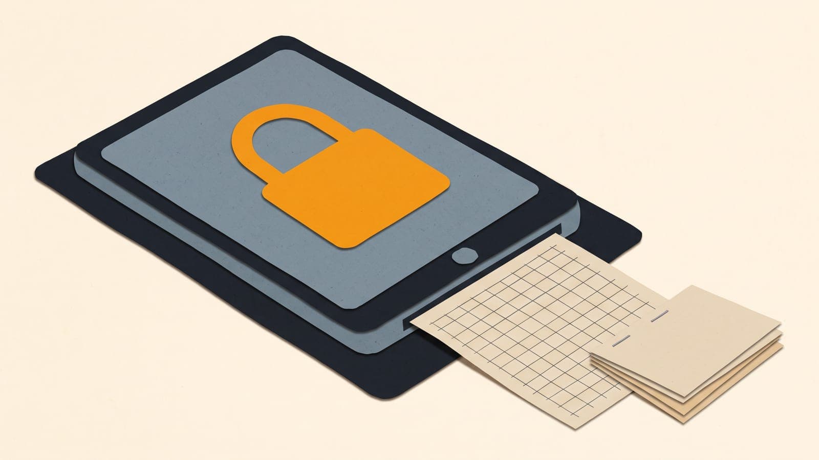 Illustration of a tablet showing a padlocked logbook page, with a spreadsheet sheet and a stapled document sliding out of a slot in its edge.
