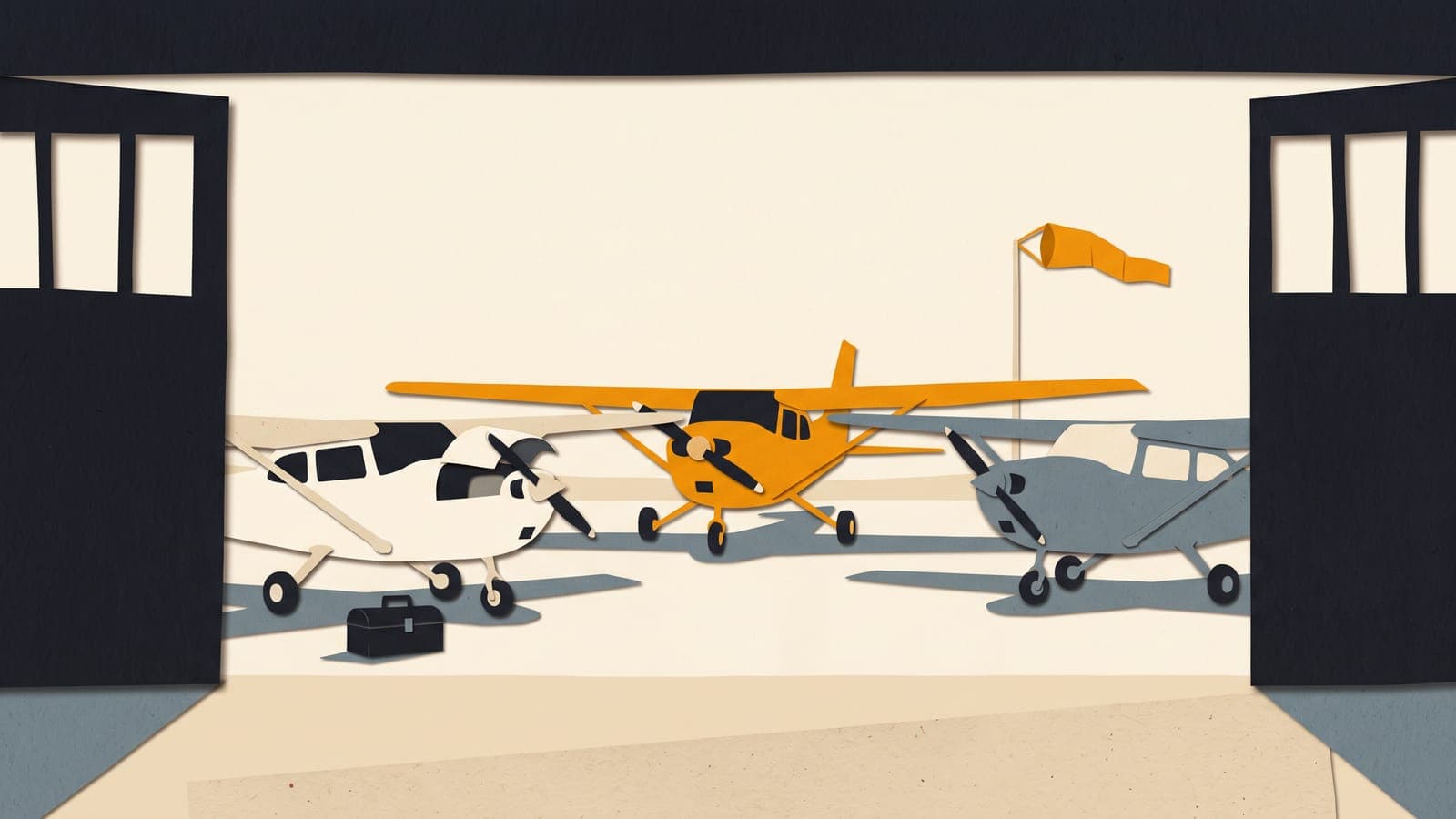 Cut-paper collage looking out through open hangar doors at three training airplanes on the ramp, a toolbox by one nosewheel and a windsock behind them.