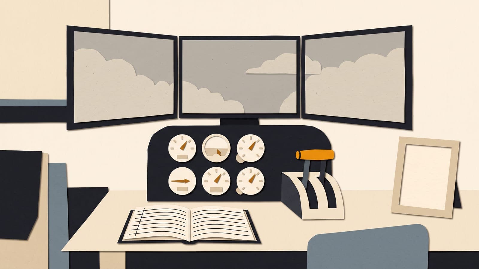 Classroom aviation training device with monitors showing grey instrument conditions, a framed authorization letter on the wall and an open logbook on the desk.