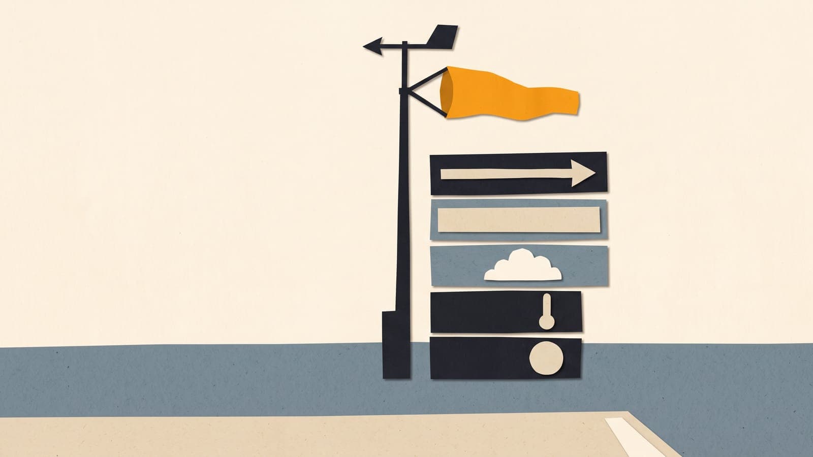 Cut-paper collage of a wind vane and windsock on a mast beside a stack of five strips standing for the parts of a METAR: a wind arrow, a visibility band, a cloud, a thermometer and a round pressure dial.