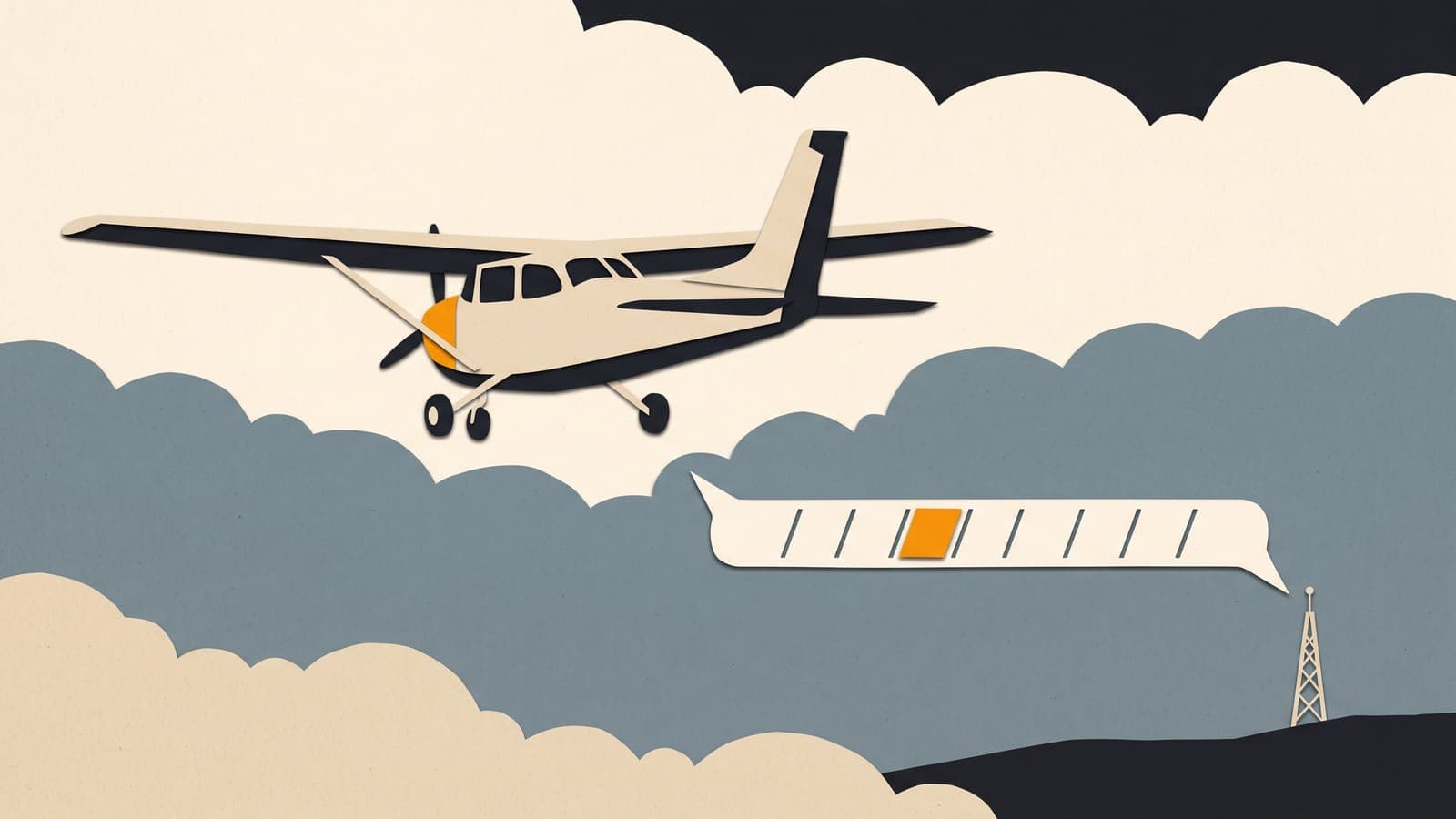 Illustration of a small airplane between cloud layers sending a segmented paper speech bubble toward a radio mast on the ground.