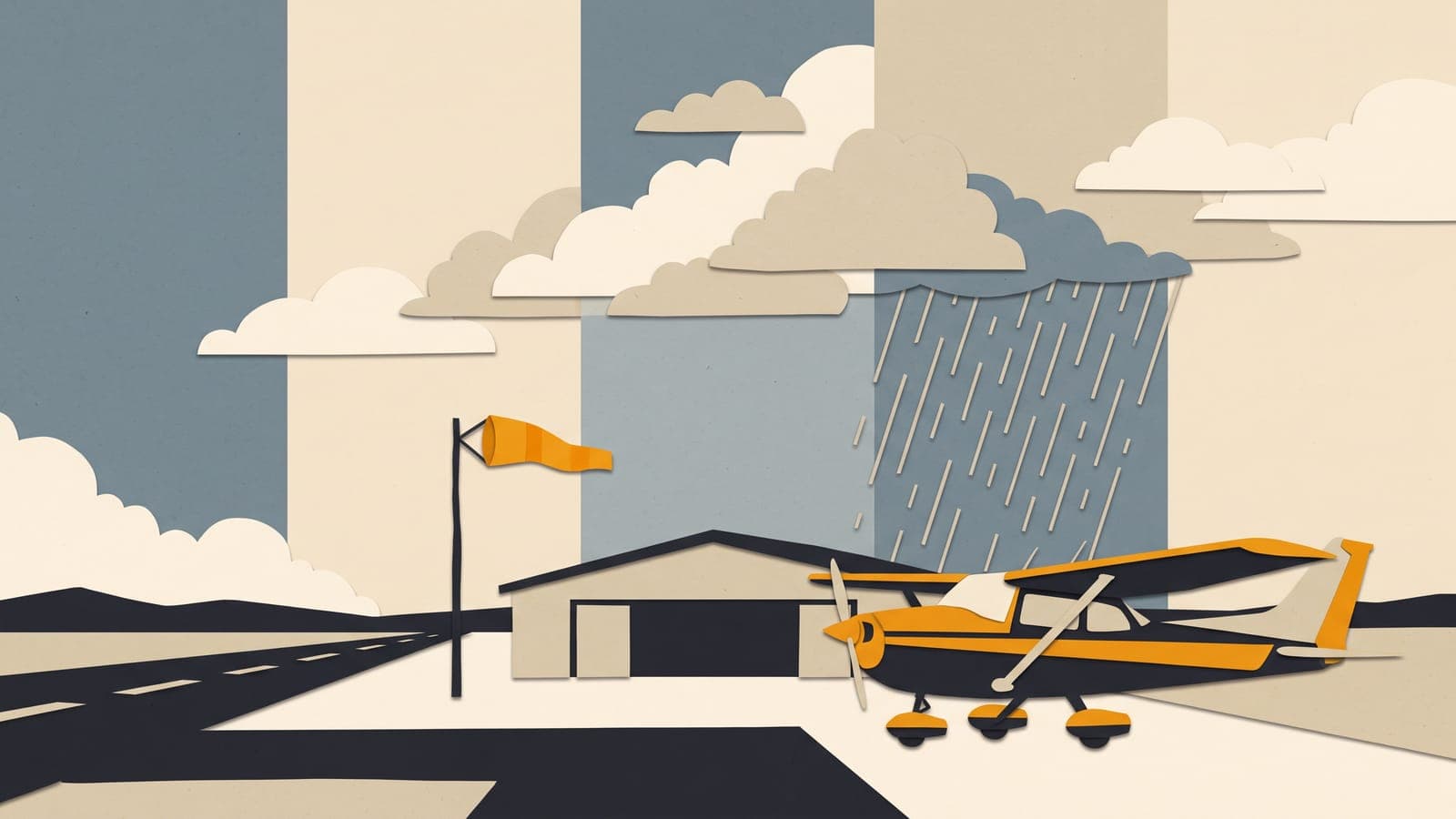 Cut-paper collage of a small airport under a sky divided into bands of clear weather, cumulus, rain showers and clearing, with a windsock and a high-wing trainer on the ramp.
