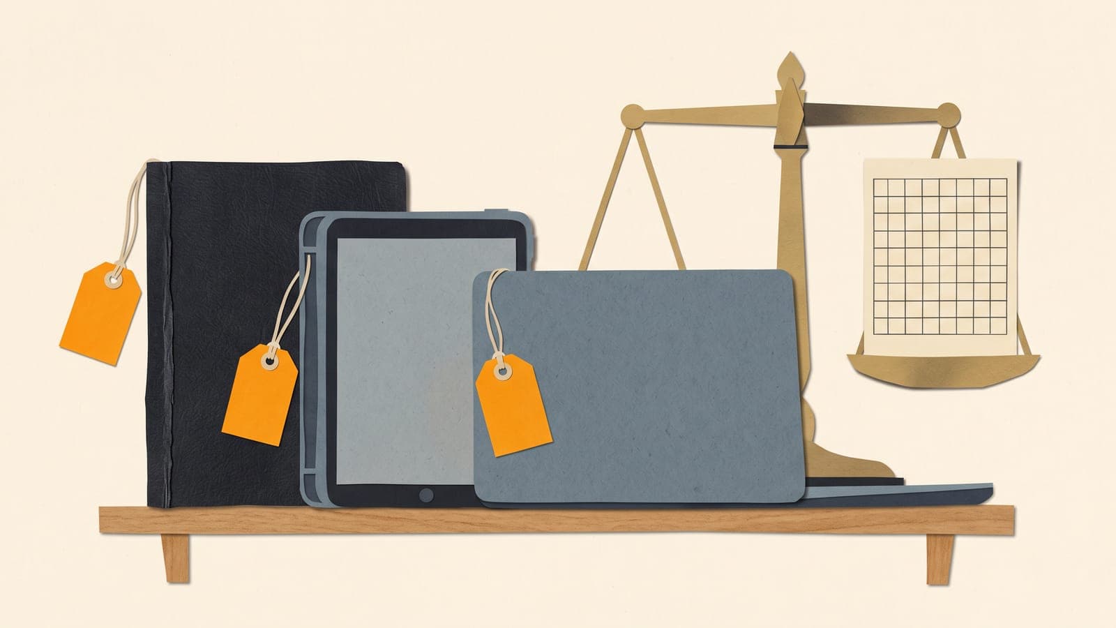 Illustration of three logbooks on a shelf, drawn as a leather book, a tablet and a laptop, in front of a level balance scale holding a single spreadsheet page.