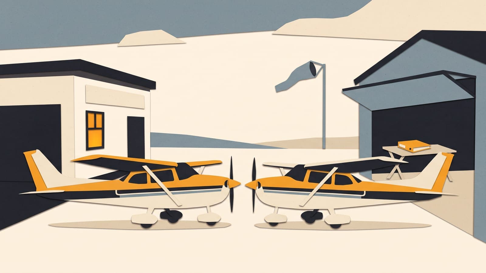 Two training airplanes parked nose to nose, one by a flight school building and one by an open T-hangar.