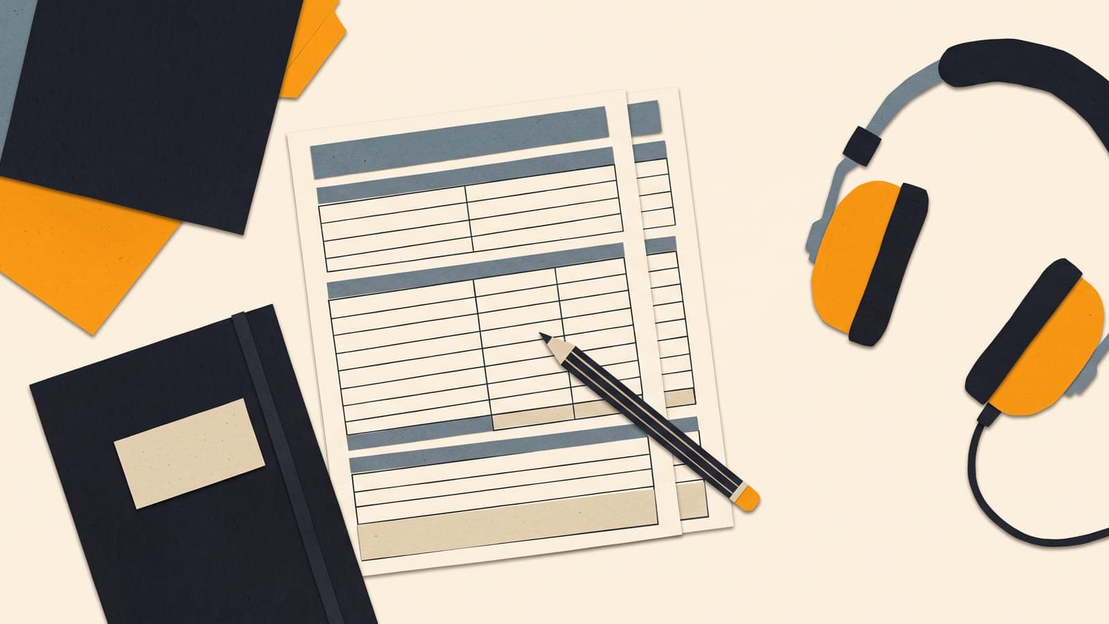 Cut-paper collage of a blank worksheet with ruled sections and a pencil, next to a closed logbook and a headset on a cream desk.
