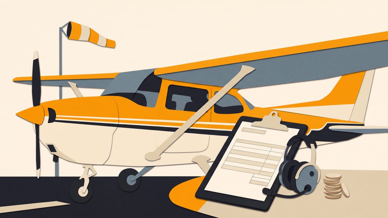 A clipboard with a flight school invoice, a headset and a paper logbook resting on the wing of a small training airplane at sunset.