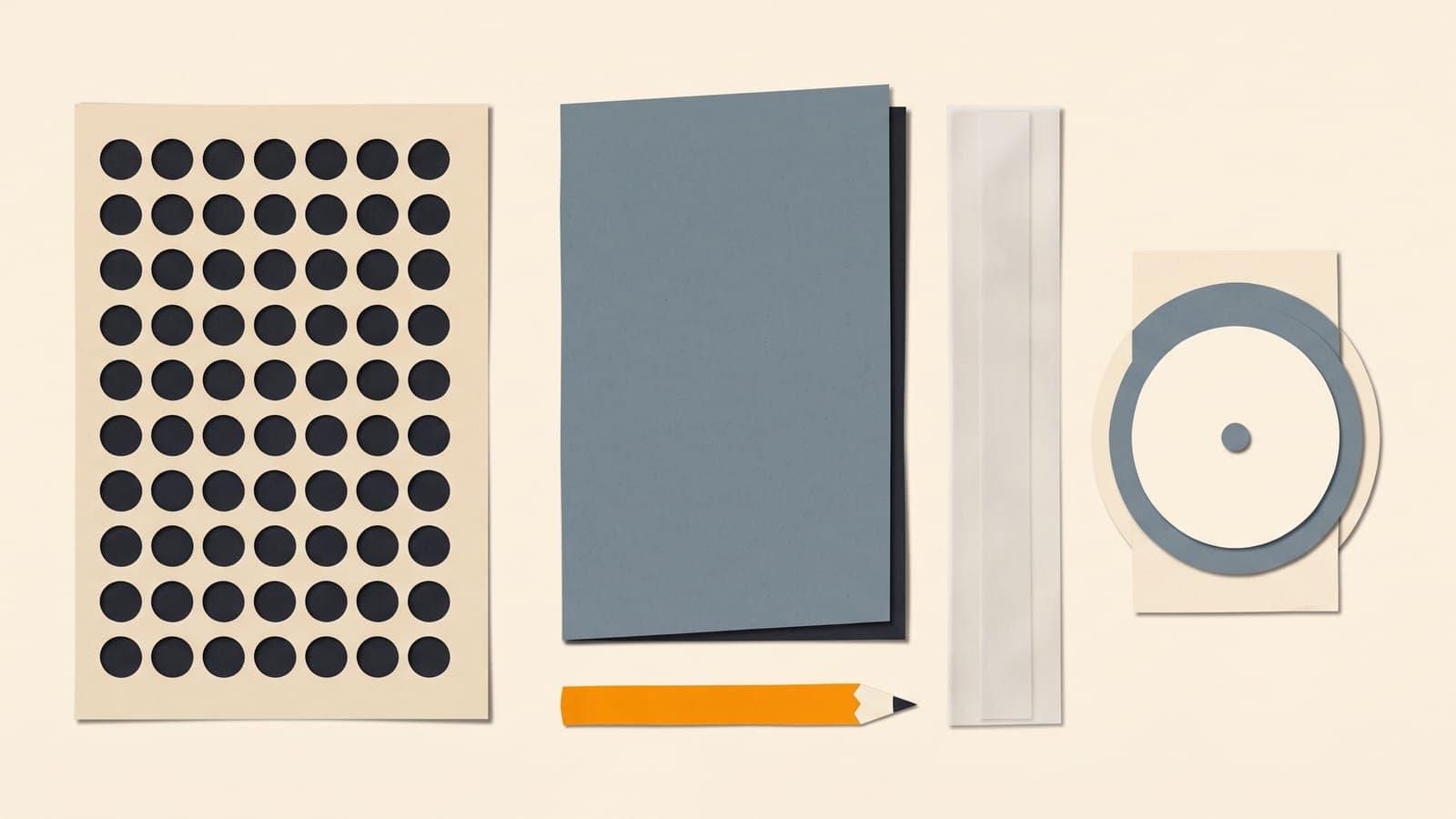 Cut-paper still life of a sheet of blank answer bubbles, a closed folder, a plotter and a round flight computer, with a pencil, on a cream desk.