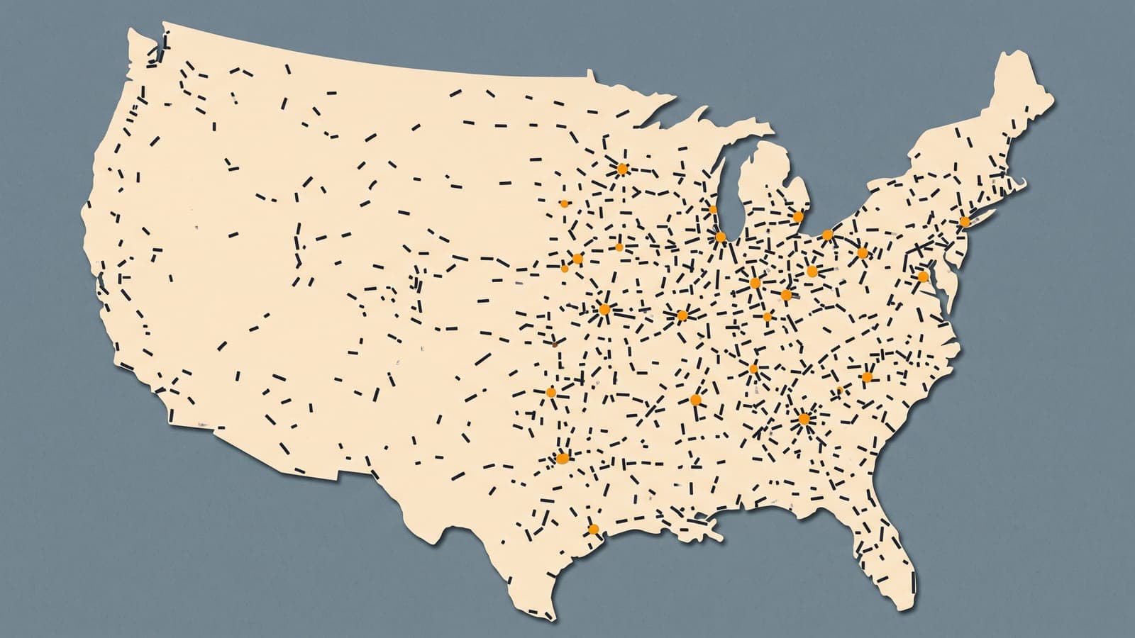 A map of the United States drawn from thousands of small runway symbols, with a handful marked by tower and fuel icons.
