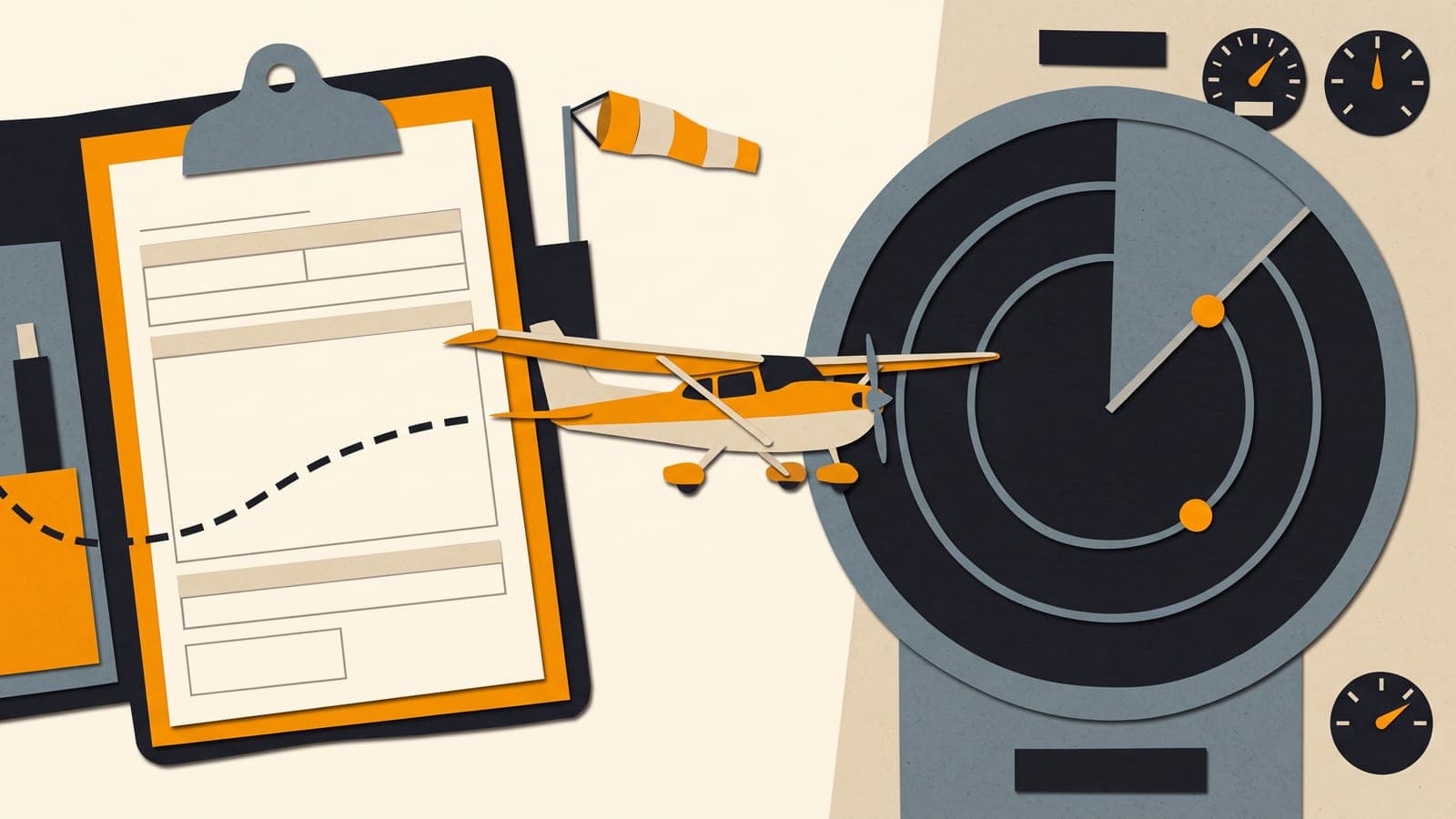 Cut-paper collage of a flight plan form on a clipboard with a dashed route line, a small high-wing trainer flying toward a radar scope with two blips, and a windsock between them.