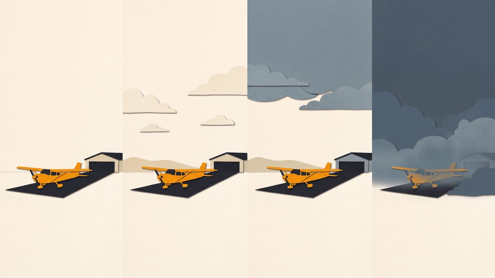 Cut-paper collage of four small airport scenes in a row, the same high-wing trainer in each, under skies that step from clear to scattered cloud to overcast to low dark cloud.