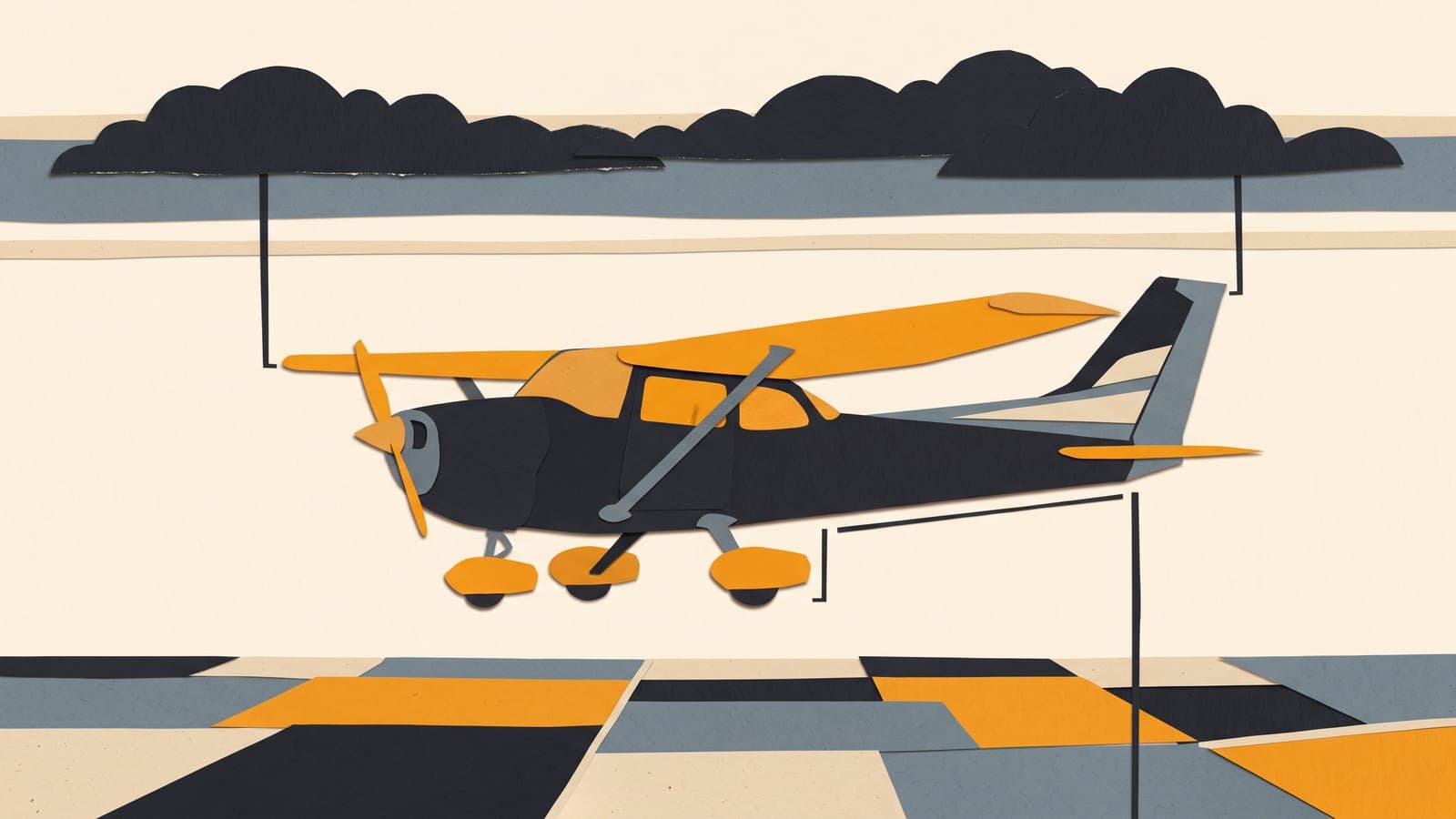 Cut-paper collage of a high-wing trainer flying between a dark cloud layer and a patchwork of fields, with brackets marking the gap to the clouds above and to the ground below.