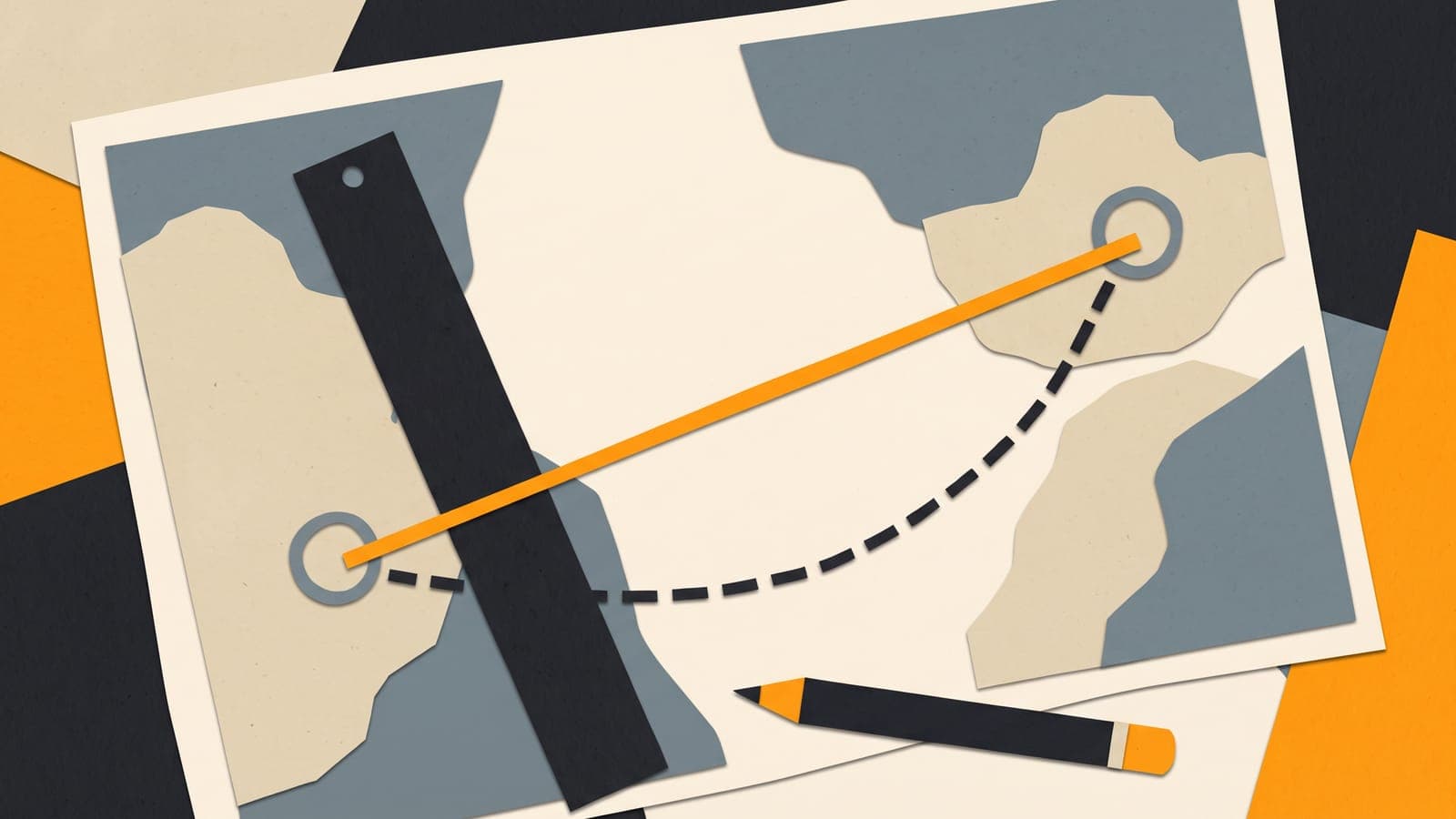 A sectional chart with a plotter and a straight pencil line between two airports next to a longer curved route.