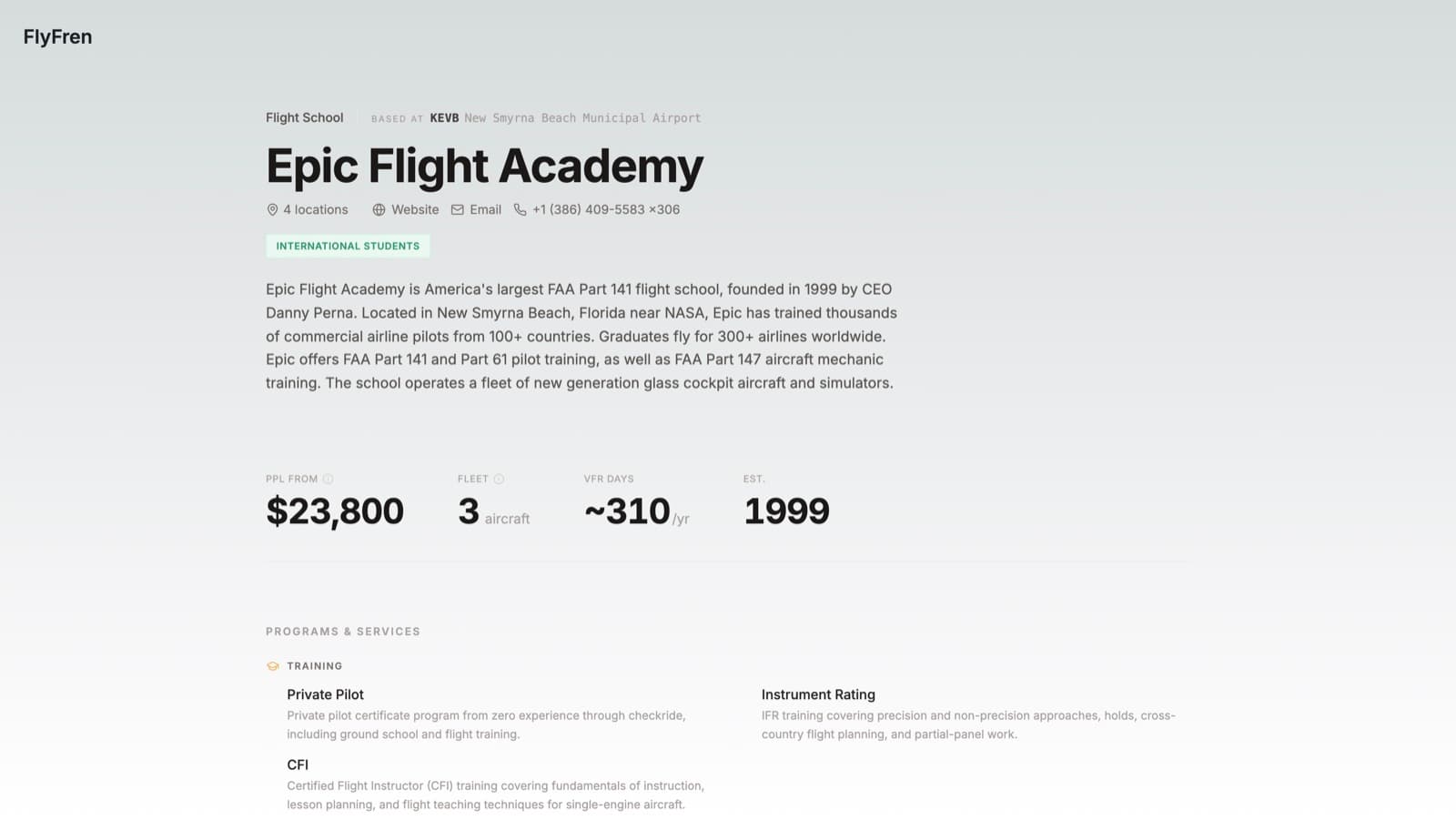 Epic Flight Academy's live school page on FlyFren, showing programs, pricing, and fleet